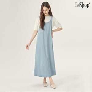 정상가:89,000원 | 데님 뒷 트임 리본 멜빵 롱 원피스 (DO1OW033A)