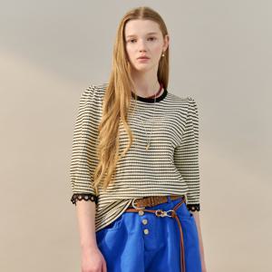 엠보 스트라이프 레이스 퍼프 티셔츠