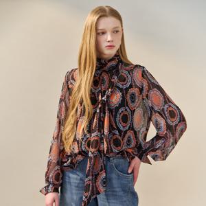 에스닉 패턴 스카프 타이 시어 블라우스