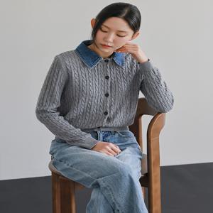 [최초가 142000원] 데님카라 케이블 니트 가디건