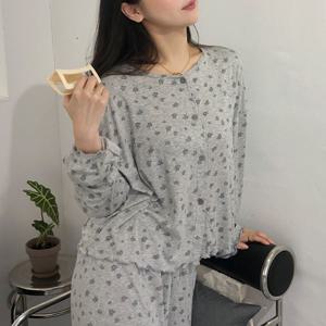 [브리치]  / 키큰녀 잠옷 모달 소재 그레이 플라워 봄 가을 긴팔 파자마