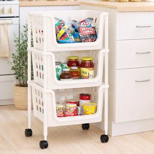 오픈 스텝 3단 적층 바스켓 펜트리 이동식 트롤리 세탁실 다용도 수납 선반