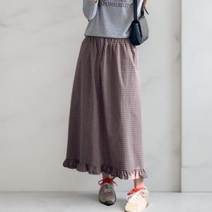 [브리치] 옷자락 / 여성 체크 스커트 프릴 빅사이즈 A라인 밴딩 롱 스커