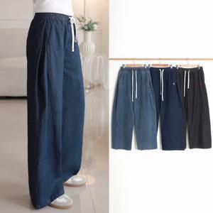 여성 와이드 데님 팬츠 사이드 핀턱 절개 옆핀턱 밴딩 청바지 연청 진청 흑청 빅사이즈 봄 벌룬