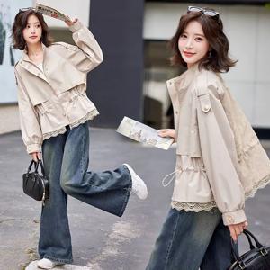 여자 봄 가을 트렌치 코트 하단 레이스 데일리 바람막이 자켓