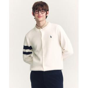 24FW 반값세일아이보리 소매 배색 울 이중직 라운드 가디건 HZSW4D200IV