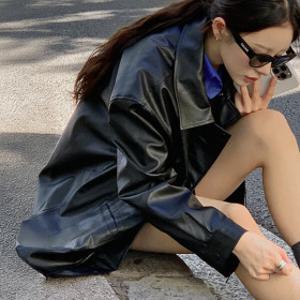 핫핑 (유니크/체형커버) 바티안 오버핏 카라넥 하프 버튼 집업 레더자켓