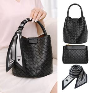 엔비 라운드 위빙 크로스백 여성 미니 가죽 토트 숄더백 스카프 장식