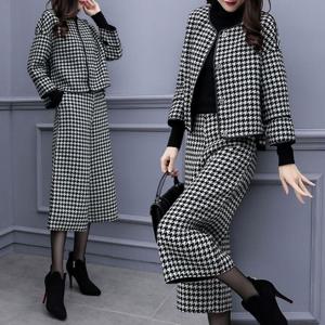 엄마옷 봄가을 체크 상하의 세트 칠부 숏 모직 아우터 자켓 통바지 와이드 팬츠 투피스 세트