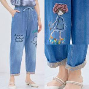 마미소 소녀와모자 청바지 여름 배색 연청 자수 캐릭터 엄마 할머니 빅사이즈 40 60 마담 중년 여성 옷