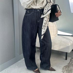 국내생산 논페이드 스티치 생지데님 세미와이드 배기청바지 키작녀 배기커브진 데님팬츠