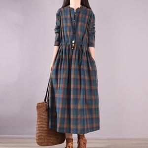 원피스 긴팔 체크 원피스 허리 조절 슬림 린넨원피스 빅사