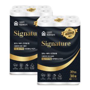 도톰한 숨 시그니처 화장지 4겹 30m 30롤 2팩 100% 천연펄프 휴지 두루마리 무형광 무포름알데히드