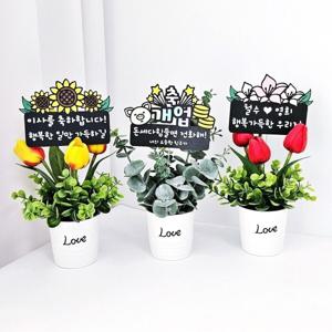 탁상용 토퍼 조화 미니 화분 꽃 튤립 유칼립투스 축개업 이사 집들이 선물 사무실 거실 실내 인테리어