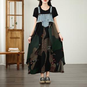 여름 루즈핏 여성 원피스 쉬폰 프린트 데님 멜빵 미디 원피스