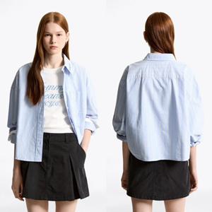 [타미진] 여성 오버크롭핏 T32F7WSH12TWT1 옥스포드 셔츠 여자 스트라이프 레터링 포켓 기본 와이셔츠 SC