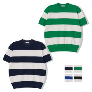 남자 워셔블 라운드넥 단가라 반팔 니트티 GN-KNH-Q014-블루