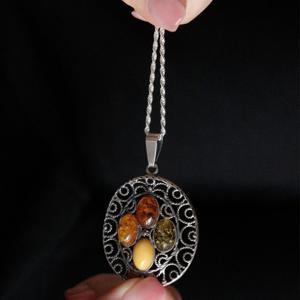 바이데이지 4컬러 호박 원석 실버 목걸이 Bn0549