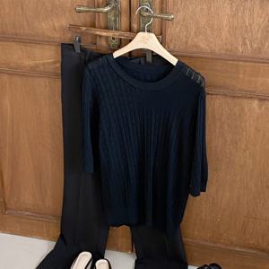 [샵앤]여성 라운드 케이블꽈배기 5부 니트 티셔츠 BONG-WKN-2298