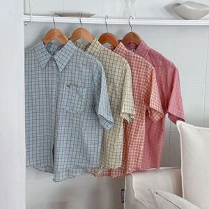 [다잇템]여성 박시 주머니 반소매 격자 셔츠