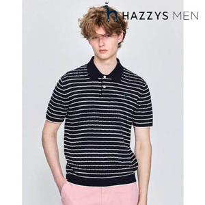 [헤지스남성] (HZSW5B555N2) [아이코닉] 네이비 케이블 반팔 카라 니트