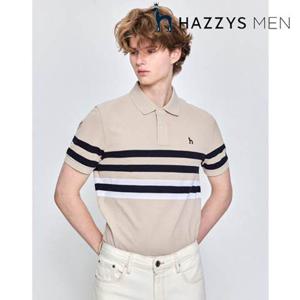 [헤지스남성] (HZTS5B434I2) 베이지 컬러블럭 반팔 카라 티셔츠