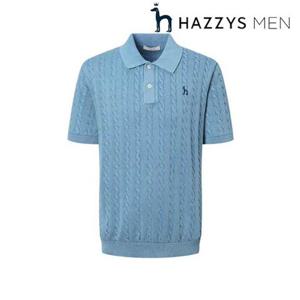 [헤지스남성] (HZSW5B558B2) 블루 가먼트다잉 케이블 반팔 니트
