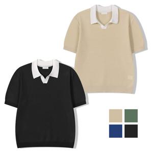 남자 프리미엄 배색 오픈카라 반팔 니트티 GN-KNH-Q010-회베이지