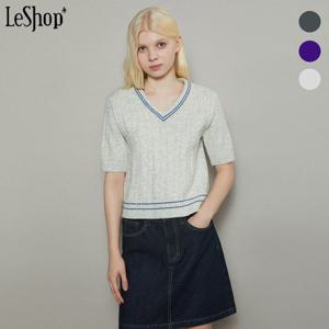 [르샵]V넥 배색 라인 케이블 반팔 니트 (BO8KP027A)