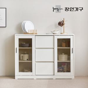 장인가구 아망드 슬라이딩 1200 유리 3단서랍 주방 수납장 그릇 장식장 홈카페장