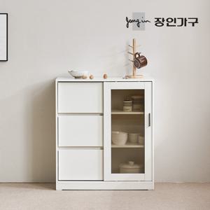 장인가구 아망드 슬라이딩 800 유리 3단서랍 주방 수납장 그릇 장식장 홈카페장