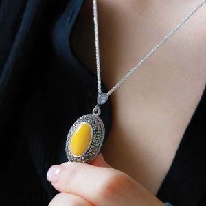 바이데이지 카보숑 호박 실버 목걸이 Bn0610