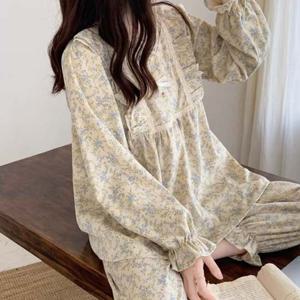 여성 꽃무늬 긴팔 긴바지 홈웨어 봄 가을 잠옷 세트