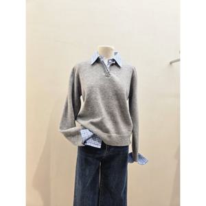 숲  (SBBLK31) 카라 소매 셔츠 배색 긴팔 니트