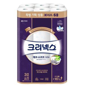 [땡큐온]크리넥스 데코소프트 수딩플러스 3겹 25M 24+6롤 x1팩