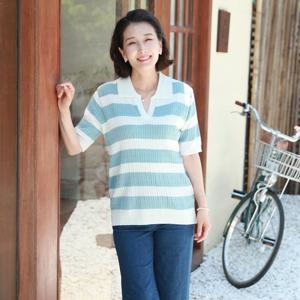 [쉬즈마담]T57118 스트라이프 배색 니트 카라티 50대 엄마옷