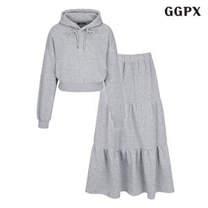 [지지피엑스]후드넥 기모 베이직 긴팔 티셔츠 허리 밴딩 캉캉 스커트 셋업 (GOCOW039D)