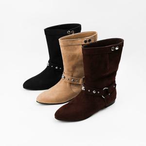 [신난다슈] 여성 미들 부츠 1cm 통 넓은 하프 플랫 미디 부츠 스터드 스웨이드 TMZ253140