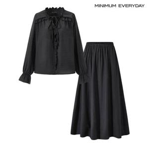 [미니멈][미니멈 에브리데이]프릴 리본넥 블라우스 플레어 스커트 셋업 (EC1OW003D)