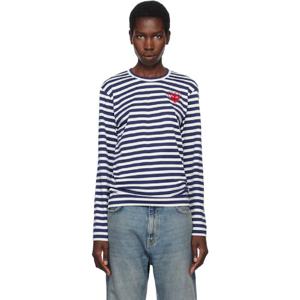 26 SS 꼼데가르송 여성 네이비   화이트 스트라이프 메탈 스톤 엠블럼 하트 티셔츠 252246F110005