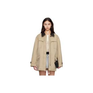 26 SS CPLUS Series 여성 카키 가죽 칼라 멀티 포켓 디스트레스 재킷 252369F063004