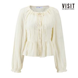 [비지트인뉴욕]스트링 리본넥 폼폼 러플 블라우스 V62LS08