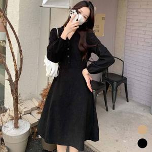 비욘드라이프 여자 브이넥 코듀로이 허리끈 긴팔 원피스 1004045