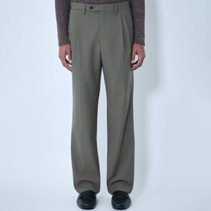 26 SS 프라다 미드라이즈 울 코튼 블랜드 테일러드 와이드 팬츠 그린 UP0379 18WV F0414