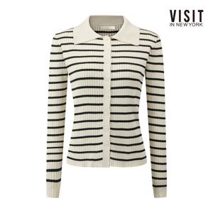비지트인뉴욕  배색 카라 스트라이프 골지 가디건 (V62GD04)