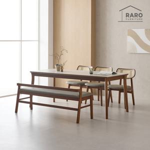 라로퍼니처 셀렉 1900 연그레이 포세린 통 세라믹 6인 라탄 식탁 세트 (식탁+의자3+벤치1)