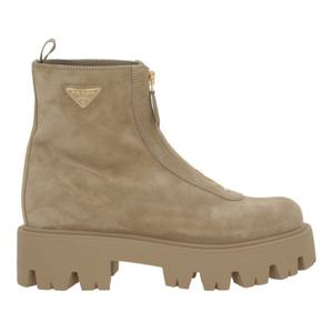 프라다 베이지 스웨이드 트라이앵글 로고 앵클 부츠 1T328OF050