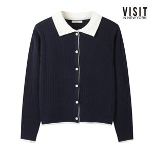 비지트인뉴욕  클래식 배색 카라 꽈배기 울 가디건 (V62GD03)