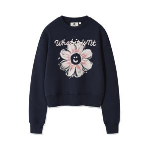 M 와키윌리긴팔티 CQK MG2403CR63NA 우먼스 빅플로리 그래픽 크롭 맨투맨 네이비