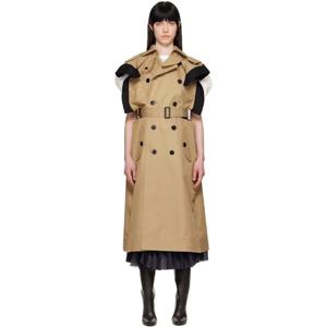 26 SS 사카이 여성 베이지   블랙 실크 코튼   개버딘 트렌치 코트 251445F055002